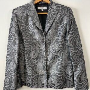 Jones Studio Black & Silver Floral Sparkle  Swirl Blazer w/ Slit Cuffs, Size 10